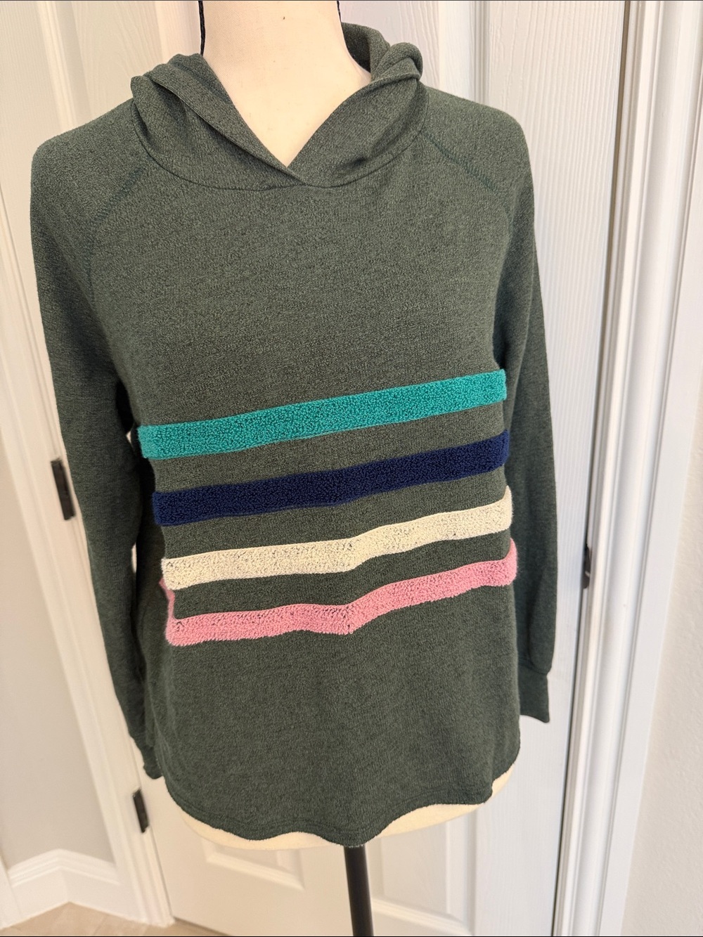 Sundry Women’s Green Hoodie with Teal, Navy, Cream & Pink Stripes Size XS